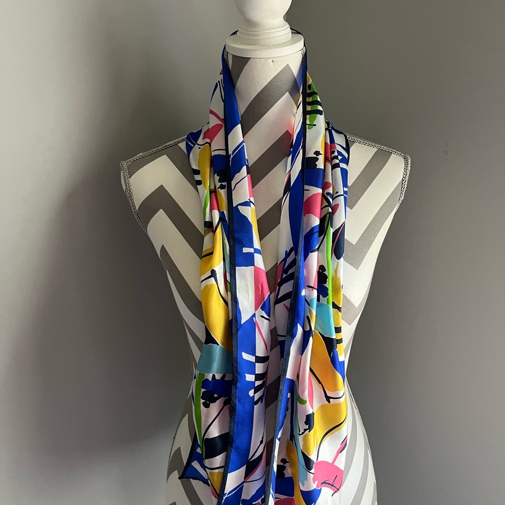 Colorful Abstract Vintage Silk Print Scarf - 52” l x 11” w - Picture 4 of 8